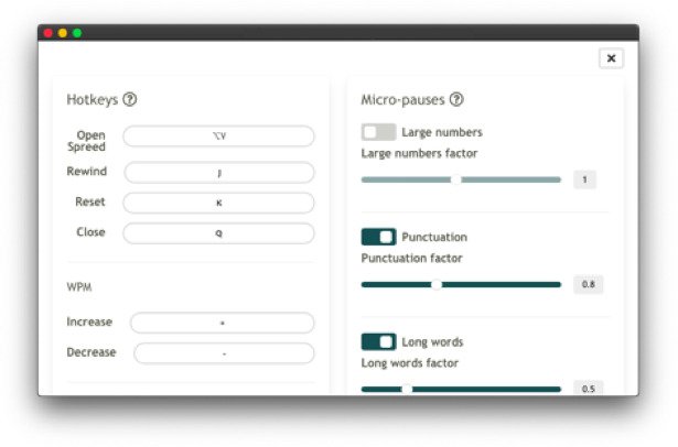 Screenshot of SwiftRead PRO settings